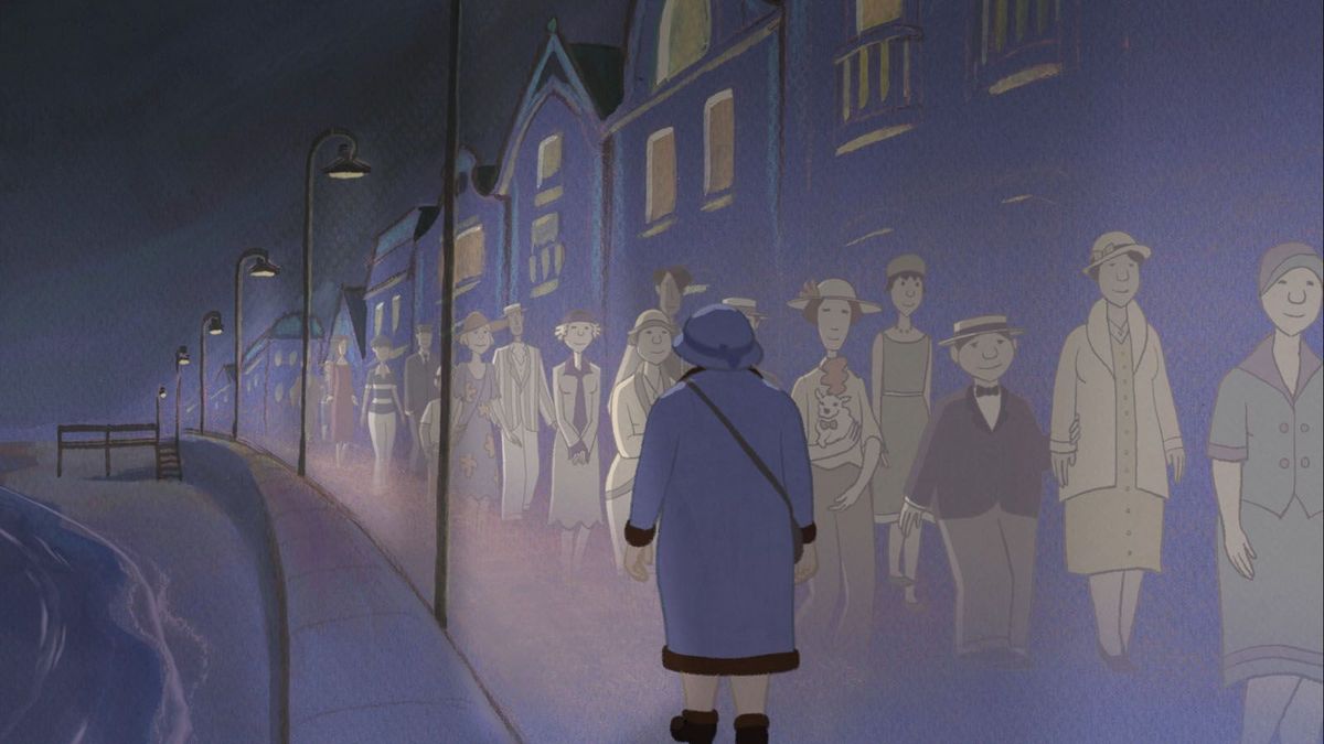 Illustration issue du film Louise en hiver représentant une femme âgée en train de marcher au bord de la mer